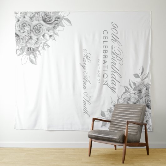 Achtergrond 90ste verjaardagsfeest bloemig zilver wandkleed (In Situ (horizontaal))