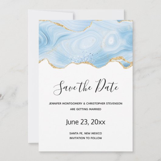 Achtergrond Elegant Blue en Gold Agate Save The Date (Voorkant)