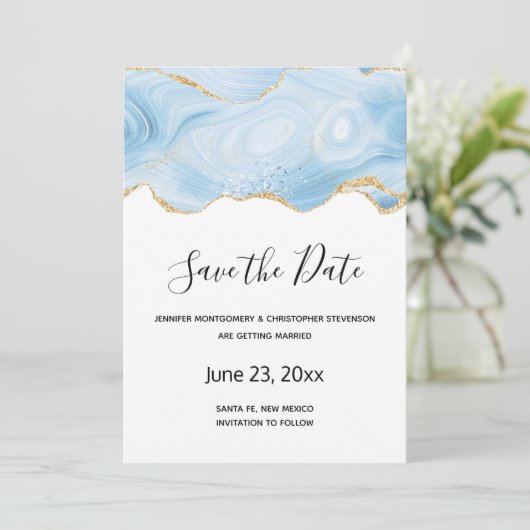 Achtergrond Elegant Blue en Gold Agate Save The Date (Staand voorkant)
