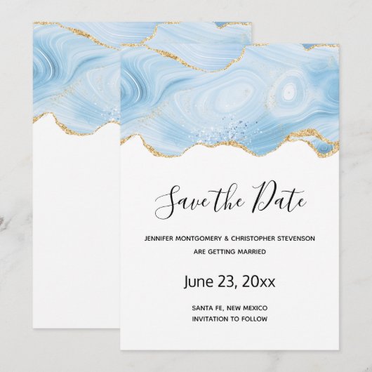 Achtergrond Elegant Blue en Gold Agate Save The Date (Voorkant / Achterkant)