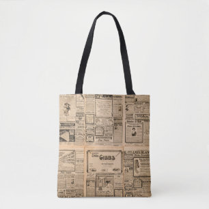 Achtergrond gebruikt papier. Oude krantenpagina me Tote Bag