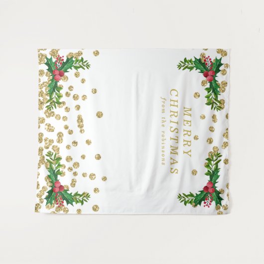 Achtergrond Goud Rood Prettig Kerstfeest Hulst Gli Wandkleed (Voorkant (horizontaal))