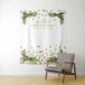 Achtergrond Goud Rood Prettig Kerstfeest Hulst Gli Wandkleed (In situ)