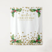 Achtergrond Goud Rood Prettig Kerstfeest Hulst Gli Wandkleed (Voorkant)