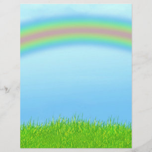 Achtergrond groene gras, regenboog en blauwe hemel flyer