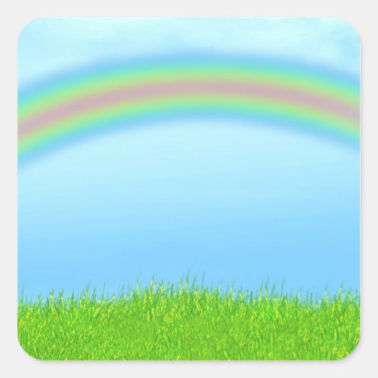 Achtergrond groene gras, regenboog en blauwe hemel vierkante sticker (Voorkant)