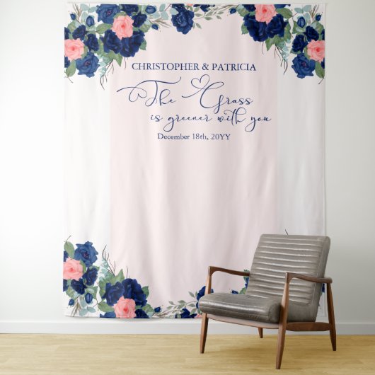 Achtergrond koninklijk Roos Blauw en koraal Floral Wandkleed (In situ)