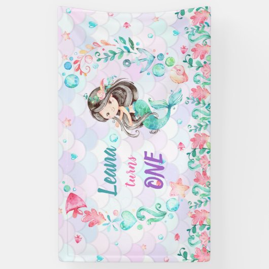 Achtergrond Mermaid Birthday Spandoek (Verticaal)