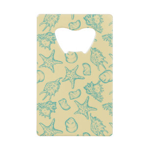 Achtergrond met schelpen. Handtekening 2 Creditkaart Flessenopener