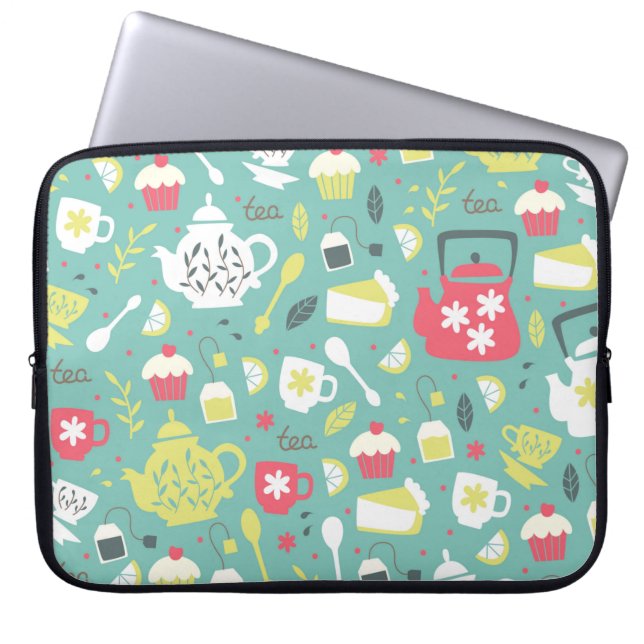 Achtergrond met Teapots, Cups, Lemon, Flowers a Laptop Sleeve (Voorkant)