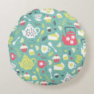 Achtergrond met Teapots, Cups, Lemon, Flowers a Rond Kussen