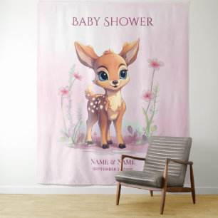 Achtergrond met watercolor babyhert en roze bloeme wandkleed