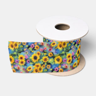Achtergrond met zonnebloemen in waterverf satijnen lint