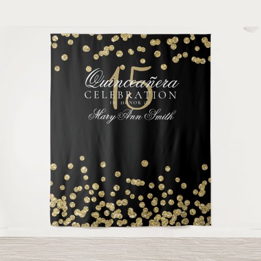 Achtergrond Quinceanera Feest Goud Zwart Confetti Wandkleed (Voorkant)