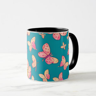 Achtergrond roze bloemen en vlinders mok