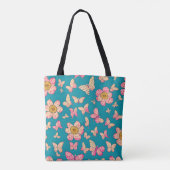 Achtergrond roze bloemen en vlinders tote bag (Achterkant)