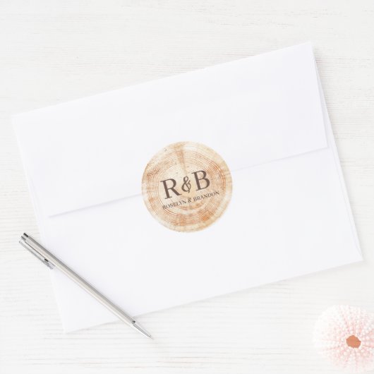 Achtergrond Rustic Wedding Monogram hout Ronde Sticker (Envelop)