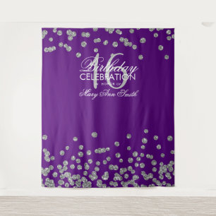 Achtergrond Sweet 16 Paars Zilver Glitter Confetti Wandkleed