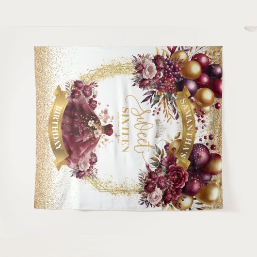 Achtergrond Sweet Sixteen bordeaux ballonnen goude Wandkleed (Voorkant (horizontaal))