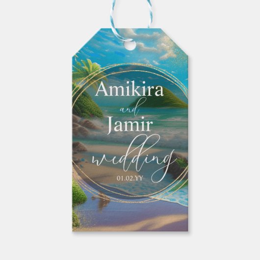 Achtergrond tropic Beach Faux Glitter Wedding Cadeaulabel (Voorkant)