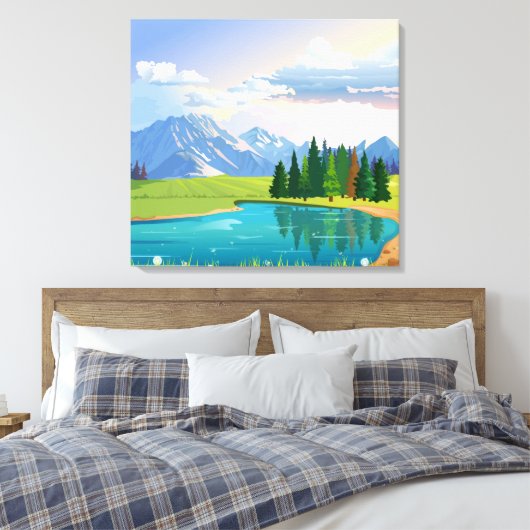 Achtergrond van beemdommen met meer en bergen canvas afdruk (Insitu (Slaapkamer))