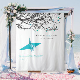 Achtergrond van blauwe papieren kraan Weduwfoto's Wandkleed