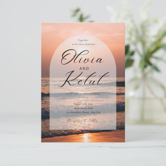 Achtergrond van het zee strand met zonsondergang kaart (Staand voorkant)