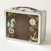 Achtergrond van hout met mechanische zeepaardjes (Voorkant)