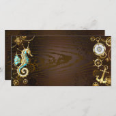 Achtergrond van hout met mechanische zeepaardjes aankondiging (Voorkant / Achterkant)