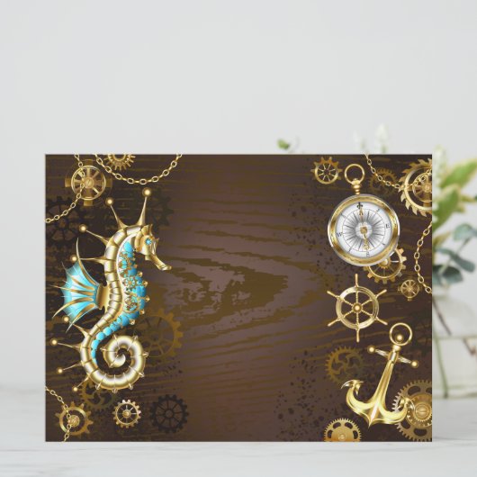 Achtergrond van hout met mechanische zeepaardjes aankondiging (Staand voorkant)