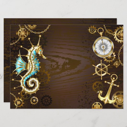 Achtergrond van hout met mechanische zeepaardjes aankondiging (Voorkant / Achterkant)