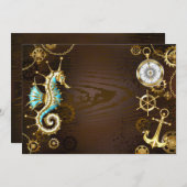 Achtergrond van hout met mechanische zeepaardjes aankondiging (Voorkant / Achterkant)