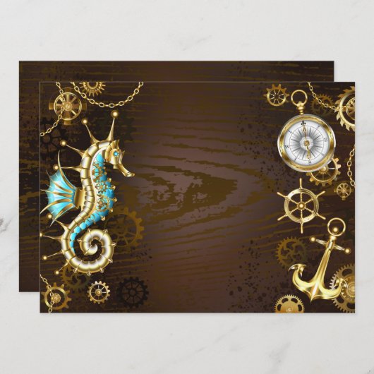 Achtergrond van hout met mechanische zeepaardjes aankondiging (Voorkant / Achterkant)