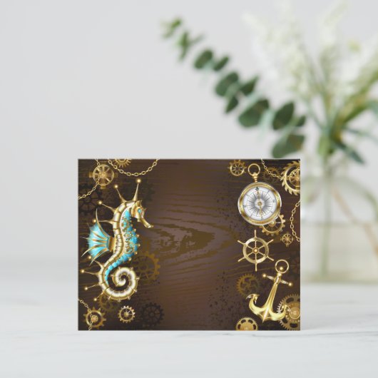 Achtergrond van hout met mechanische zeepaardjes aankondiging (Staand voorkant)