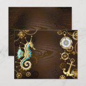 Achtergrond van hout met mechanische zeepaardjes aankondiging (Voorkant / Achterkant)