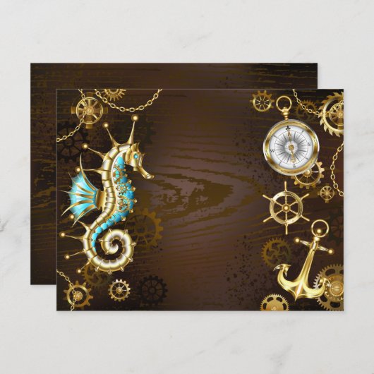 Achtergrond van hout met mechanische zeepaardjes aankondiging (Voorkant / Achterkant)