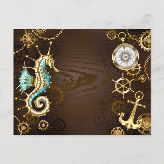 Achtergrond van hout met mechanische zeepaardjes advieskaart (Voorkant)