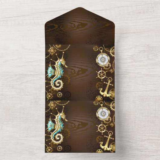 Achtergrond van hout met mechanische zeepaardjes all in one uitnodiging (Binnen)