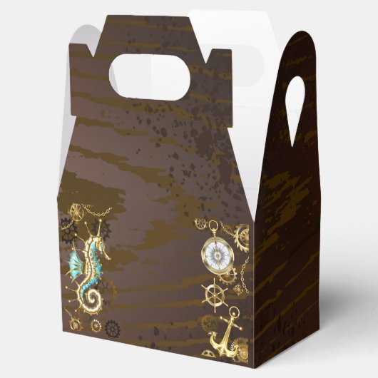 Achtergrond van hout met mechanische zeepaardjes bedankdoosjes (Geopend)