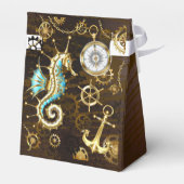 Achtergrond van hout met mechanische zeepaardjes bedankdoosjes (Achterkant)