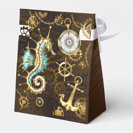 Achtergrond van hout met mechanische zeepaardjes bedankdoosjes (Achterkant)