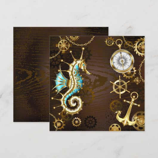 Achtergrond van hout met mechanische zeepaardjes bedankkaart (Voorkant / Achterkant)