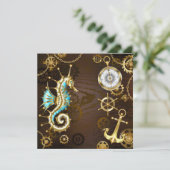 Achtergrond van hout met mechanische zeepaardjes bedankkaart (Staand voorkant)