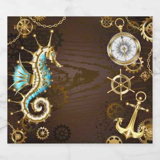 Achtergrond van hout met mechanische zeepaardjes bier etiket (Enkel label)