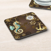 Achtergrond van hout met mechanische zeepaardjes bier onderzetter (Linkerzijde)