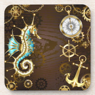 Achtergrond van hout met mechanische zeepaardjes bier onderzetter