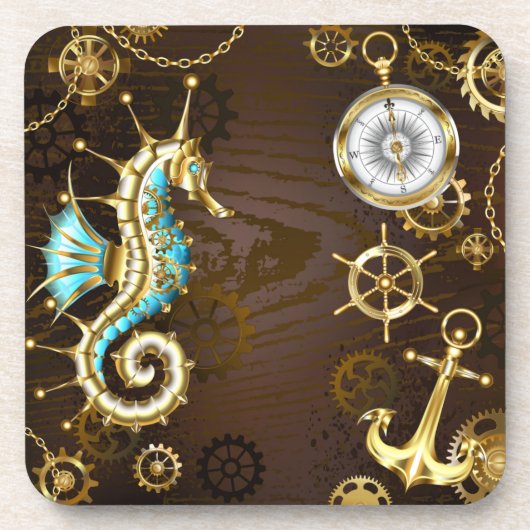 Achtergrond van hout met mechanische zeepaardjes bier onderzetter (Voorkant)