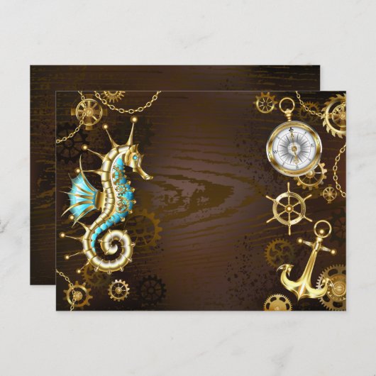 Achtergrond van hout met mechanische zeepaardjes briefkaart (Voorkant / Achterkant)