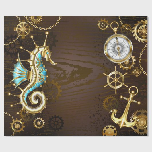 Achtergrond van hout met mechanische zeepaardjes cadeaupapier (Vlak)