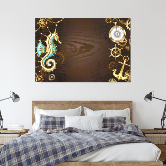 Achtergrond van hout met mechanische zeepaardjes canvas afdruk (Insitu (Slaapkamer))